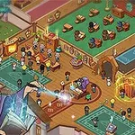 Escena de una escuela de magia con personajes dibujados, un mago anciano con sombrero y una varita en primer plano, y varias aulas en el fondo