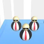 Tres figuras esféricas con gafas de sol y corbatas rojas sobre una plataforma azul