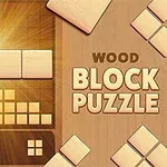 Bloques de madera se iluminan sobre un fondo marrón con la inscripción Wood Block Puzzle