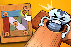 Ilustración de un tornillo animado con expresión irritada, uniendo piezas de madera, junto a un botón resaltado por una mano apuntando