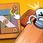 Ilustración de un tornillo animado con expresión irritada, uniendo piezas de madera, junto a un botón resaltado por una mano apuntando