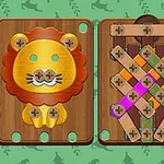 Tres tableros de madera con diseños de un abejorro, un león y una figura geométrica entrelazada con cintas de colores