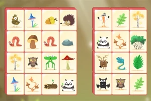 Cuadrículas de tarjetas con ilustraciones de animales, plantas y hongos de estilo caricaturesco