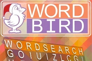 Logotipo con un pájaro blanco con gorro rojo y las palabras WORD BIRD en un fondo de tonos cálidos y geométricos