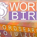 Logotipo con un pájaro blanco con gorro rojo y las palabras WORD BIRD en un fondo de tonos cálidos y geométricos
