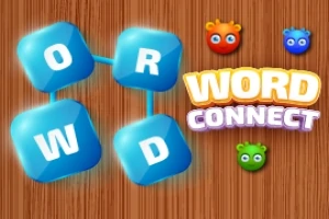 Cubos azules con letras conectados sobre fondo de madera, junto al texto Word Connect y tres criaturas coloridas
