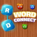Cubos azules con letras conectados sobre fondo de madera, junto al texto Word Connect y tres criaturas coloridas