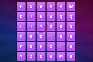 Cuadrícula de 25 letras en tonos morados con letras blancas sobre un fondo oscuro