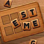 Tablero de madera con letras en fichas formando la palabra ESTE y otras fichas alrededor
