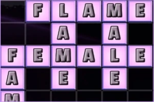 Letras en cuadros morados y negros formando las palabras FLAME y FEMALE