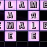 Letras en cuadros morados y negros formando las palabras FLAME y FEMALE