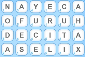 Letras dispuestas en una cuadrícula de 5x4 sobre un fondo azul, con números pequeños en las esquinas inferiores de cada celda
