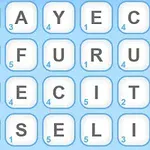 Letras dispuestas en una cuadrícula de 5x4 sobre un fondo azul, con números pequeños en las esquinas inferiores de cada celda