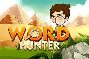 Un personaje animado con lupa sobre los ojos frente a pirámides y vegetación, con el texto Word Hunter