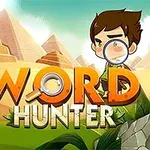 Un personaje animado con lupa sobre los ojos frente a pirámides y vegetación, con el texto Word Hunter