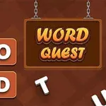 Letrero colgante con las palabras Word Quest y fichas de letras dispersas en un fondo marrón