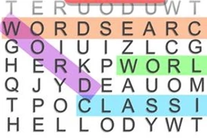 Sopa de letras con palabras resaltadas de colores como WORDSEARCH y WORLD