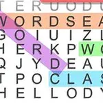 Sopa de letras con palabras resaltadas de colores como WORDSEARCH y WORLD
