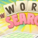 Texto Word Search en letras grandes y coloridas sobre un fondo brillante con un tablero de letras en la parte inferior