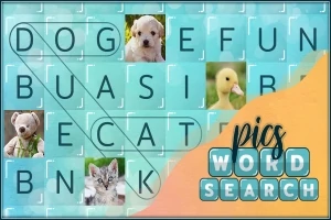 Sopa de letras con imágenes de animales y las palabras DOG y CAT destacadas, acompañadas por fotos de un perro, un gato, un pato y un oso de peluche