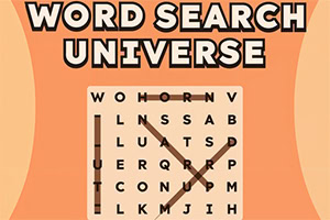 Portada naranja con el texto WORD SEARCH UNIVERSE y una cuadrícula de sopa de letras con palabras marcadas
