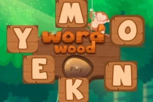 Un fondo verde con un mono pequeño colgando de una letra M y un arreglo de letras en bloques de madera simulando una estructura de crucigrama