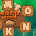 Un fondo verde con un mono pequeño colgando de una letra M y un arreglo de letras en bloques de madera simulando una estructura de crucigrama