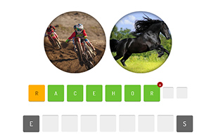 Moto de motocross en acción y un caballo corriendo en un campo verde, con letras en cuadros debajo