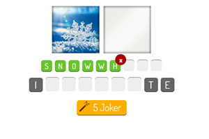 Imagen de un juego de palabras con letras organizadas y dos recuadros, uno mostrando un copo de nieve