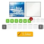 Imagen de un juego de palabras con letras organizadas y dos recuadros, uno mostrando un copo de nieve