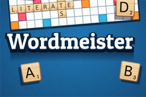 Título Wordmeister en un fondo azul con piezas de juego de palabras, incluyendo letras en fichas como D, A, y B