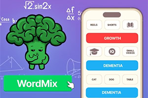 Ilustración de un cerebro verde caricaturesco junto a una pantalla de celular con botones de categorías, sobre fondo morado con fórmulas matemáticas