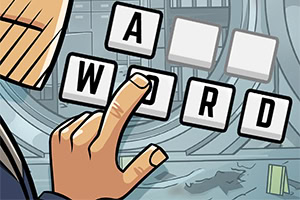 Una mano señalando fichas con letras que forman la palabra A WORD sobre un fondo tecnológico