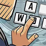 Una mano señalando fichas con letras que forman la palabra A WORD sobre un fondo tecnológico
