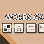 Texto grande que dice Words Games con cinco íconos de juegos en filas sobre un fondo marrón claro, con un recuadro naranja en la esquina que indica 5 in 1