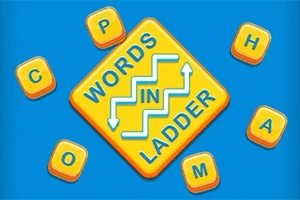 Icono amarillo con el texto Words in Ladder en un fondo azul, rodeado de piezas de letras individuales