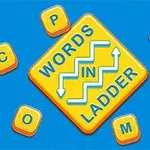 Icono amarillo con el texto Words in Ladder en un fondo azul, rodeado de piezas de letras individuales