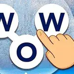 Tres círculos blancos conectados con letras W, O, W y una mano señalando, sobre un fondo nevado