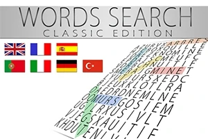 Sopa de letras inclinada con palabras resaltadas en diferentes colores y banderas de varios países a la izquierda