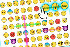 Emojis de varias expresiones faciales en una cuadrícula, destacando algunos con colores brillantes y una mano apuntando a ellos