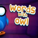 Un búho azul con gafas grandes parado sobre una base, junto a un texto en inglés en un fondo morado
