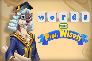 Un perro caricaturesco con toga y birrete, sosteniendo un pergamino, con texto en bloques que dice words with Prof