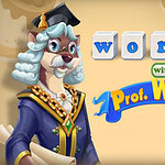 Un perro caricaturesco con toga y birrete, sosteniendo un pergamino, con texto en bloques que dice words with Prof