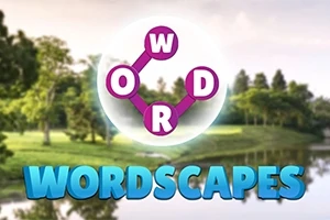 Logotipo con letras conectadas en círculos sobre un fondo de paisaje con árboles y un lago
