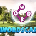 Logotipo con letras conectadas en círculos sobre un fondo de paisaje con árboles y un lago