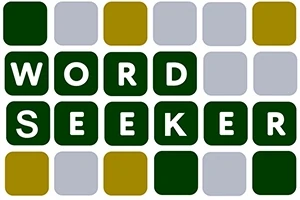 Cuadrícula de bloques grises, amarillos y verdes con el texto WORD SEEKER en letras blancas