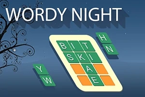Título WORDY NIGHT sobre un tablero de letras inclinado con efecto de sombra, rodeado de letras sueltas y un diseño de fondo oscuro con ramas decorativas