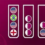 Tres cilindros verticales con banderas de Estados Unidos, Brasil, Inglaterra y Qatar en un fondo rojo