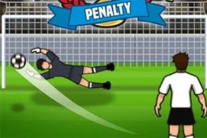 Portero lanzándose para atajar un balón en un tiro de penal mientras un jugador observa