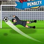 Portero lanzándose para atajar un balón en un tiro de penal mientras un jugador observa